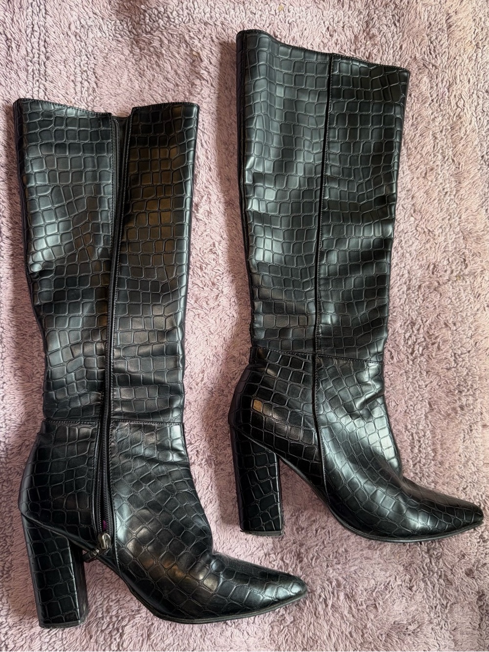 Women's Black Croc-Embossed Knee Boots - Stylish Block Heel